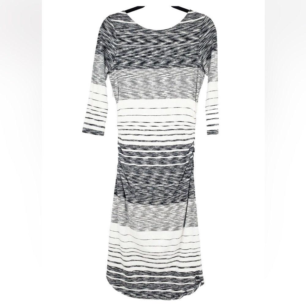 Athleta Comeback White & Black Stripe Ruched Jersey Knit Midi Dress size Large